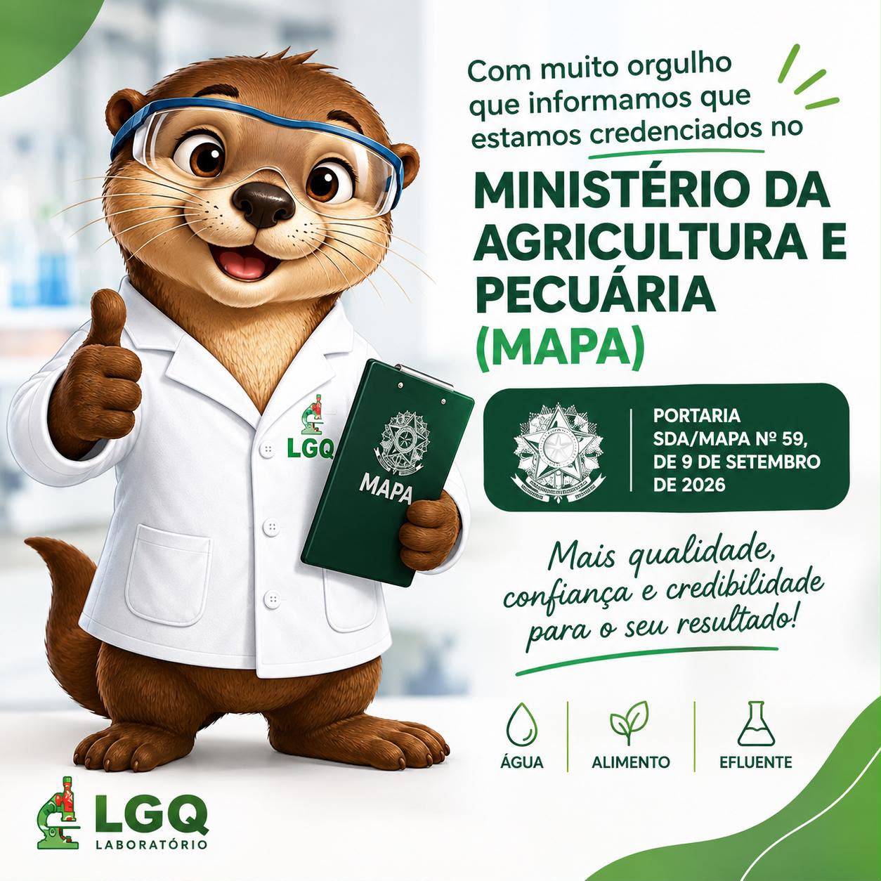LGQ Laboratório credenciado no Ministério da Agricultura e Pecuária (MAPA) - Portaria SDA/MAPA nº 59, de 9 de setembro de 2026